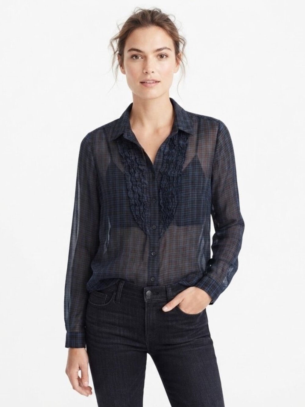 American Eagle Womens Plaid Shirt Size S Sheer Button Down Top Ruffle Blue Black